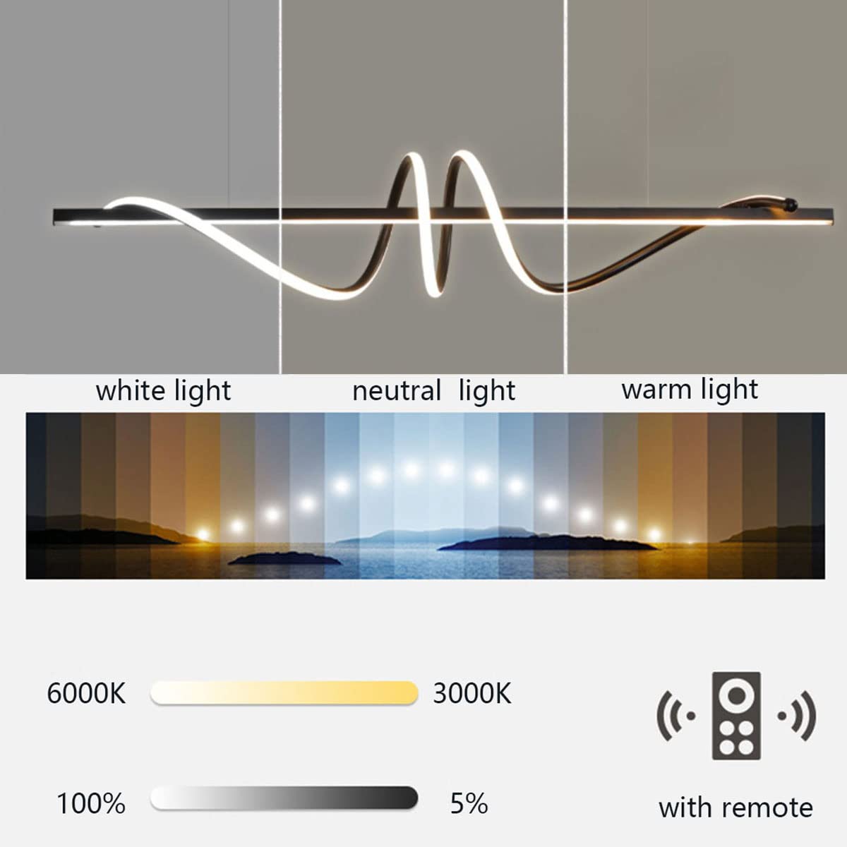 Lampadario moderno LED Tavolo da pranzo Lampada a sospensione Lampada a sospensione moderna design a spirale Lampadari LED dimmerabili con plafoniere telecomandate per studio sala da pranzo (nero, L10