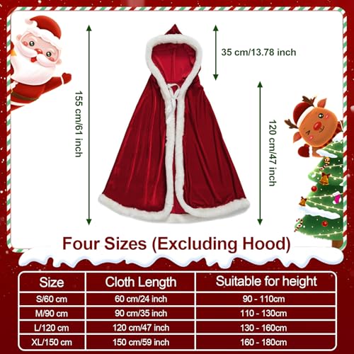 Weihnachten Santa Claus Umhang mit Kapuze, Weihnachtsmantel Cape, Umhang Kapuzenmantel Rot Samt, Roter Kapuzenumhang, Weihnachtsfrau Kostüm für Kinder, Jugendliche und Erwachsene Weihnachten Cosplay