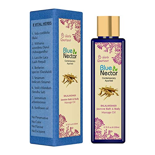 Blue Nectar Sensuous Jasmine Body Massage Oil for Relaxing Massage Therapy with Essential Oils 100% Natural Ingredients(8Herbs,6.76 fl oz)