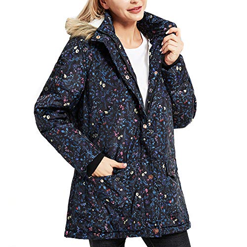 SUNDAY ROSE Women's Sherpa Lined Parka Jacket Winter Hooded Puffer Coat Water-Resistant Outerwear-Navy Blue Floral Print,Small
