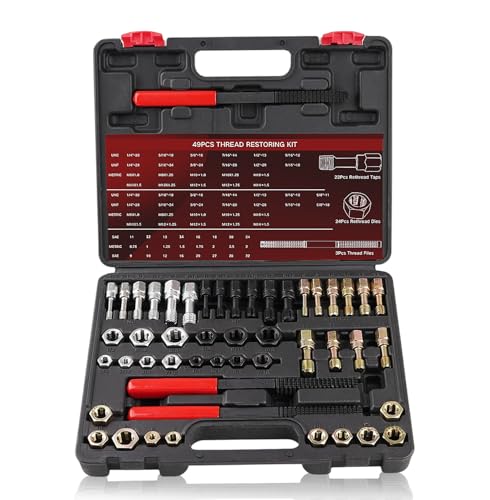 Marvelity 49PCS Thread Chaser and Repair Kit with 22 Taps 24 Dies 3 Files for UNC UNF Metric Bolts Nuts and Screws