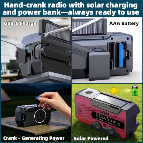 Solarbaby Hand Crank Emergency Radio,10000mAh Red NOAA Weather Radio,AM/FM Solar Radio with LED Flashlight, Reading Lamp & SOS Alarm, Survival Radio for Camping Hurricane Emergency - Image 2