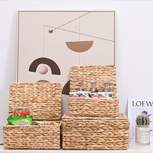 Wicker Storage Baskets, Hand-Woven Rectangular Wicker Basket with Lid for Bedroom & Living Room, Nesting Rattan Basket for Shelves (Water Hyacinth, 3-Pack)