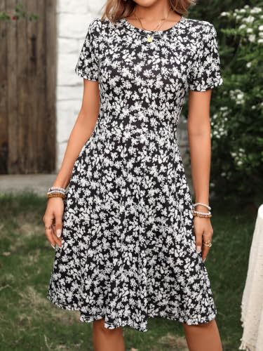 Image of Women's 2026 Fit and Flare Dress Summer Casual Elegant Vintage Floral Printed Work Party A-line Dress with Pockets 162