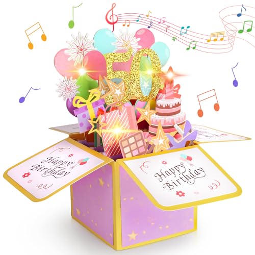 Vicloon Pop-up Birthday Gift Greeting Cards Box, 50th Birthday 3D Pop-Up Musical Greeting Cards with Envelope, Cool Pop up Birthdays Card with LED Blowable Candle and Lights, Gifts for Women Men