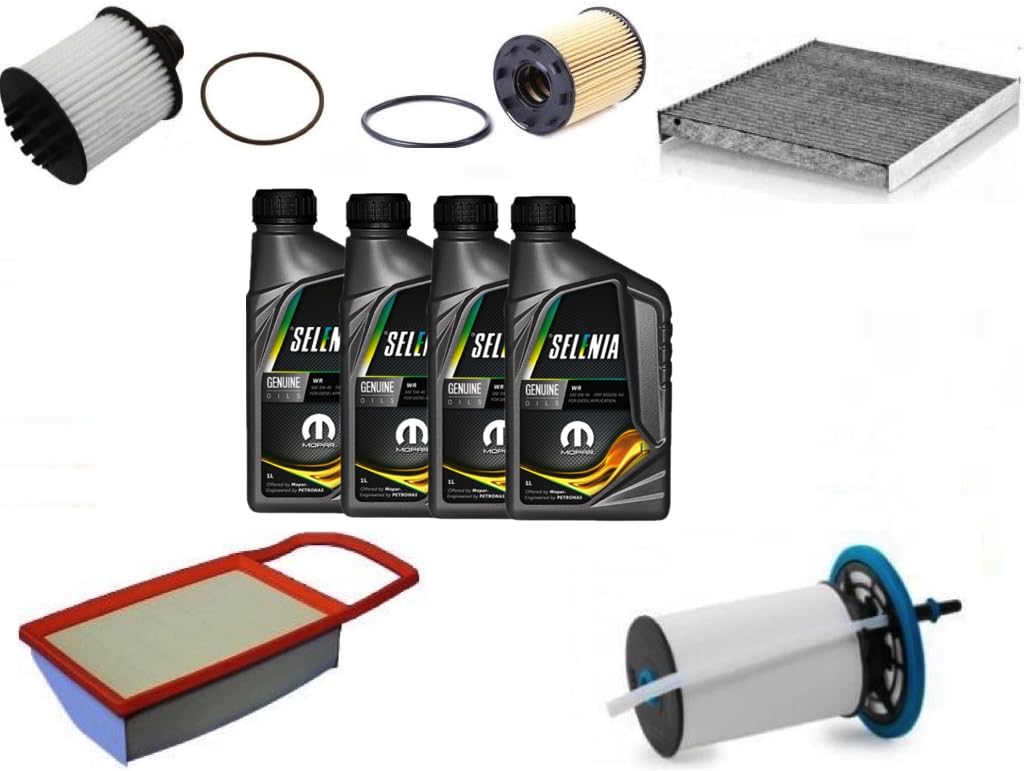 AOQ - Kit tagliando 5 FILTRI COMPATIBILE CON FIAT 500X 1.3 MULTIJET DIESEL, (312), EURO6 CON 4 LITRI LUBRIFICANTE WR 5W40 SELENIA E FILTRO ABITACOLO AI CARBONI ATTIVI