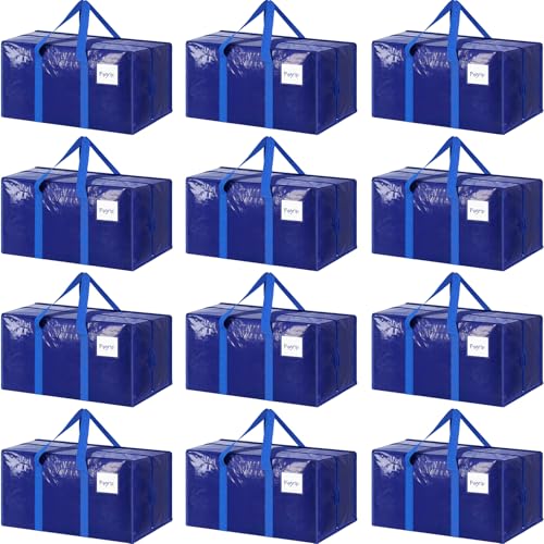 Image of 12 Pack Extra Heavy Duty Large Moving Bags with Strong Zipper & Comfortable Handles, Sturdy & Durable Clothes Storage Bags Totes Bins, Packing Moving Boxes for College Supplies, Blue