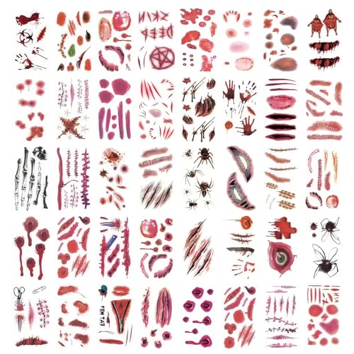 BAMTTOO 50 Sheets Halloween Zombie Temporary Tattoos Sticker Fake Scars Tattooing Realistic Bloody Wound Halloween Tattoos for Makeup (50pcs Halloween)