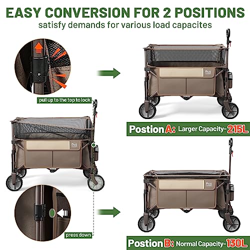 Timber Ridge Extra Large Collapsible Folding Wagon Carts, Heavy Duty Outdoor Camping Garden Utility Wagons With Extended Height, Adjustable Handle, Cup Holders(Tan) #TOP2