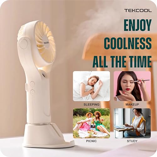 Image of TEKCOOL Mini Handheld Fan, Brushless Motor Portable Hand Fan with Lanyard, 3 Speeds Small Fan, USB Fan Rechargeable for Indoor and Outdoor Use by Women and Men, Table Fan Base Included (Mist White)