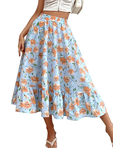 Katiewens Women Leopard Print High Waist Midi Skirt Floral Ruffle Hem Pleated Maxi Skirts Elastic Long Skirt #TOP8