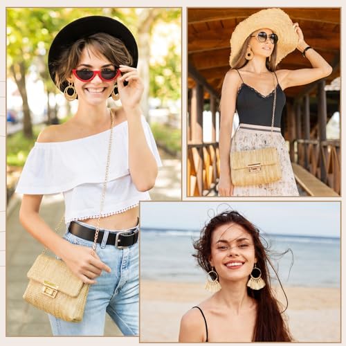 Image of Dansydaisy 5 Pack Striped Straw Clutch Purse Crossbody Vacation Handbag Woven Rattan Dangle Earrings for Women (Beige,Square Buckle)