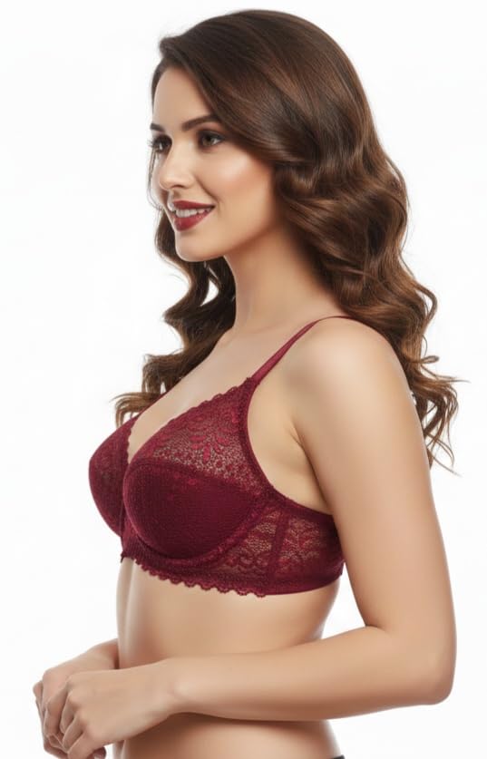 Image of Premium Women's Floral Lace Non-Padded Full Coverage Bra - Wire-Free Support Bralette in Nude
