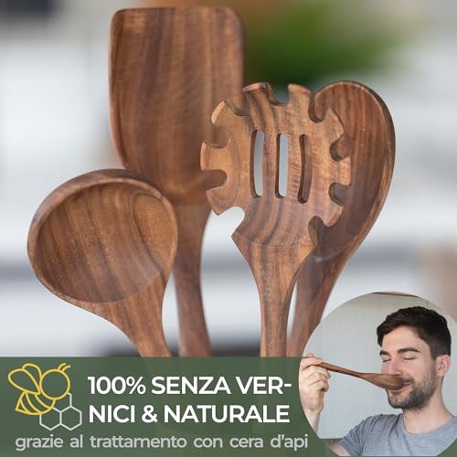 WALDWERK Set di Utensili da Cucina in Legno di Teak â Set da 4 Pezzi con Spatola, Cucchiaio, Mestolo per Pasta e Supporto â Cucchiaio da Cucina in legno â Spatola in legno - immagine 3