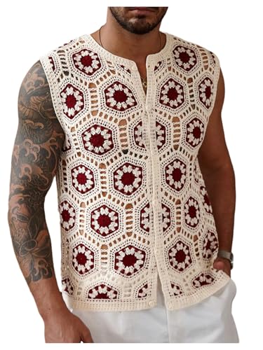 Verdusa Men's Floral Crochet Button Up Sweater Vest Boho Lightweight Sleeveless Knit Tops