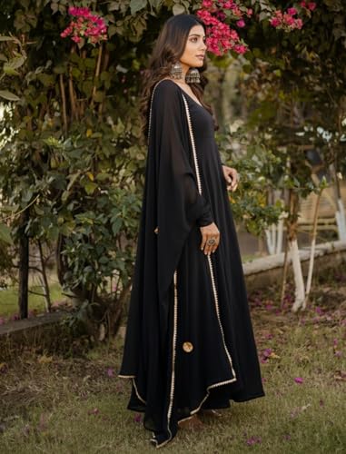 Image of ESTELA Women's Solid Pattern Faux Georgette Anarkali Kurta Pant Dupatta Set with Long Sleeve Square Neck Calf Length and Pull On Closure Type | Anarkali Suit For Womens | Flair Suit For Women