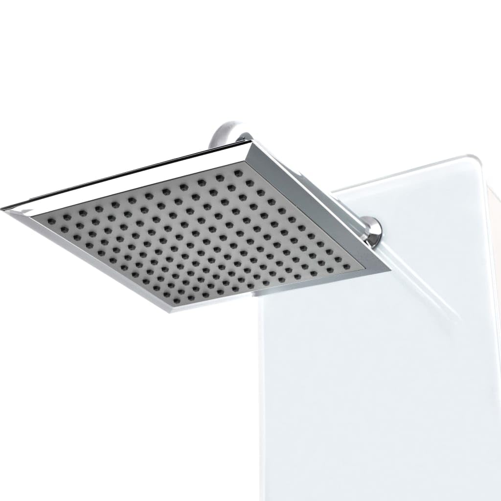 Pannello doccia in vetro bianco, 25 x 44,6 x 130 cm, con doccia a pioggia, doccetta e 6 getti massaggianti, sistema doccia con dettagli cromati