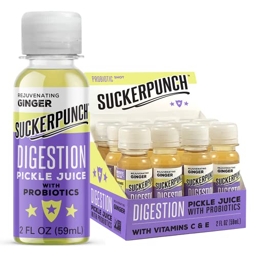 SuckerPunch Digestion 2oz Pickle Shot | Rejuvenating Ginger Juice | 500mm CFU Probiotics | 12-Count | Digestion Probiotic