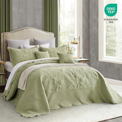 Image of Oversized King Bedspreads, Stitched Paisley, Sage Green
