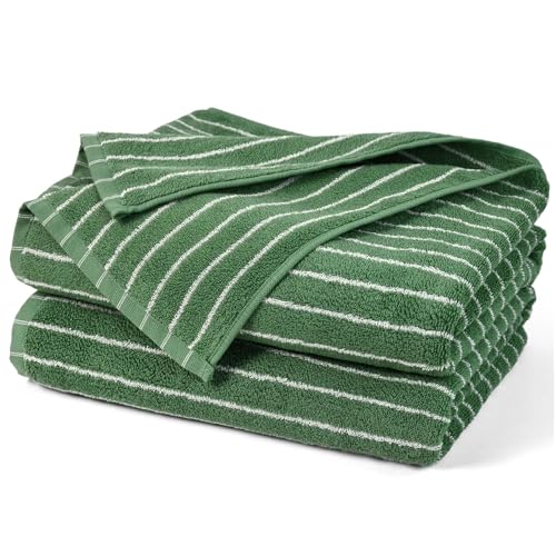 Jacquotha Bath Towels 2 Pack, Lighter & Quick Dry Towels Large 27.5 x 55 inches, Luxury Terry Cotton Towels for Bathroom Spa Swim, Forest Green & White Striped
