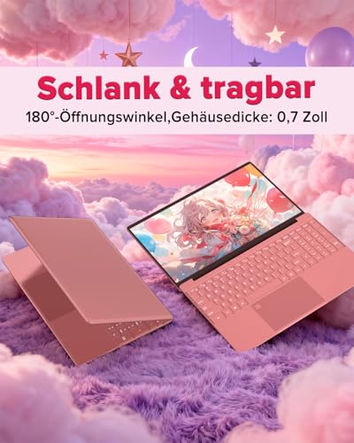 Molegar 2026 Laptop Computer Notebook QWERTY,15.6" IPS FHD Display,16GB RAM 512GB SSD,Celeron N5100 Prozessor,WiFi5,BT5.0,USB3.0,Beleuchtete Tastatur,Fingerprint für Business und Studenten,Rotgold 5