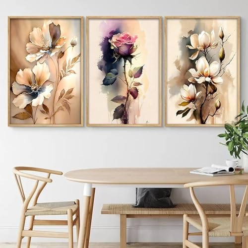 Toile peinture salon beige et rose pivoine 40x60 cm sans cadre lot de 3