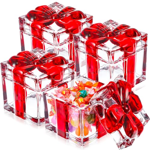 Suttmin 4 Pcs Christmas Candy Dish Bowl With Lids, Square Crystal Glass Box Jar Retro Sugar Bowl For Wedding Desk Candy Cookies Birthday Valentine's Day Party(Red)