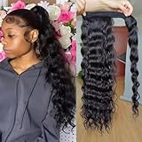 Water Wave Ponytail Extensions Human Hair for Women Curly Wrap Around Black Ponytail Hairpiece Magic Paste Black Ponytail Natural Black 10A Remy Brazilian Hair 14 Inch