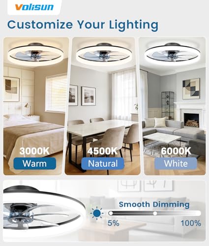 Image of VOLISUN Low Profile Ceiling Fans with Lights and Remote, 24in Fandelier Ceiling Fan Flush Mount, 3000K-6500K Smart Bladeless LED Fan Light, Black Modern Ceiling Fans with Lights for Bedroom