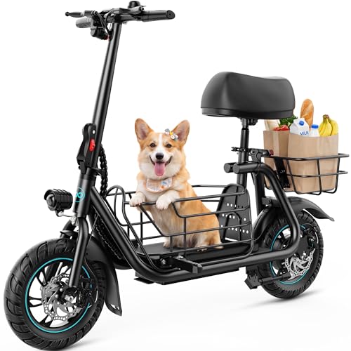 Gyroor C1S Electric Scooter with Seat for Adults - 550W Motor, Pet Basket, 19 MPH Top Speed, 20 Miles Range, 12" Pneumatic Tires, Foldable Commuting Scooter, Black
