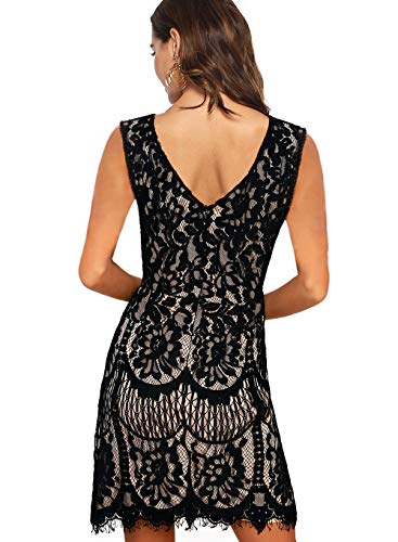 Mslg Wedding Guest Dress For Woman Petite Summer Elegant Round Neck Sleeveless Floral Lace Cocktail Party Dress 976 (Black White, M) #TOP1