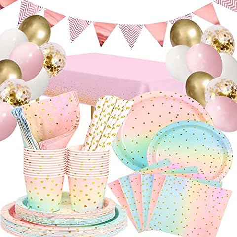 DUGEHO 104 Pcs Birthday Party Tableware Balloon Paper Plates Kids Birthday Set Including Tablecloth Plates Cups Napkins Straws for Baby Shower Birthday Wedding Party (16 Guests) Cover