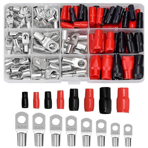 Zalizr 120 PCS Tinned Copper Battery Cable Ends Kit, 6-25mm² Wire Lugs Assortment, Heat Shrink Tubing, SC Ring Terminals Connectors for Electrical, Automotive, Marine, Solar Use