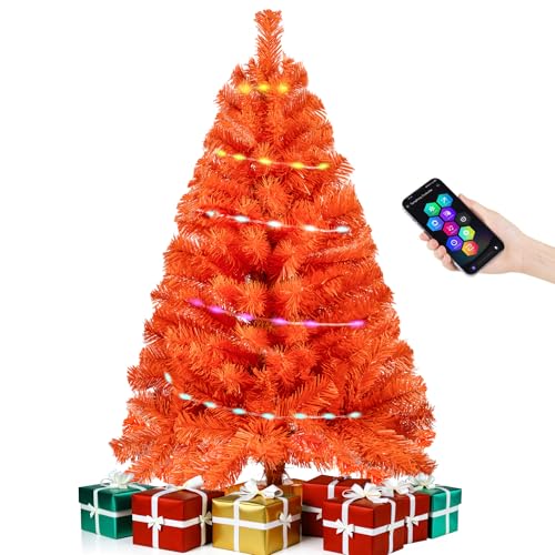 Orange 3ft Christmas Tree with Lights, Small 36inch Artificial Tree Mini Table Top Decorations, Xmas Desk Tree with 80 Colored Lights, 200 Branch, Holiday Decor for Home,Indoor Office Tabletop