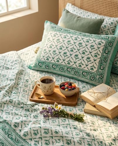 Image of Naksh Queen Size Bed Sheet Green Heritage Floral Print 2 Pillow Covers | Green Heritage Floral Print | Rajasthan-Inspired Design for Queen Size Bedrooms