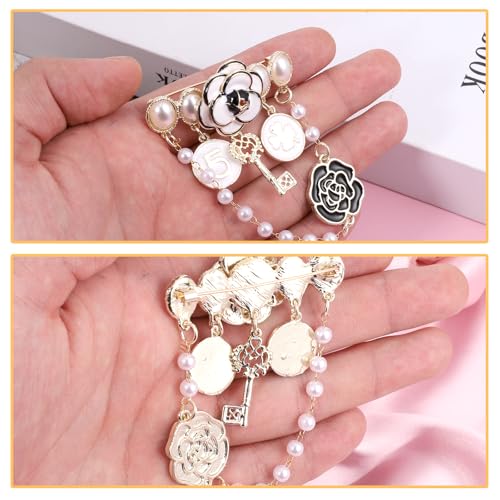 Image of Dimeho Imitation Pearl Dangle Chain Brooch Vintage Lapel Pins and Brooches for Women Four Leaf Clover Brooch