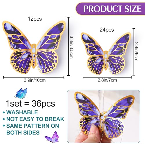 36 unidades adhesivos de mariposa 3D removibles morados miniatura 2