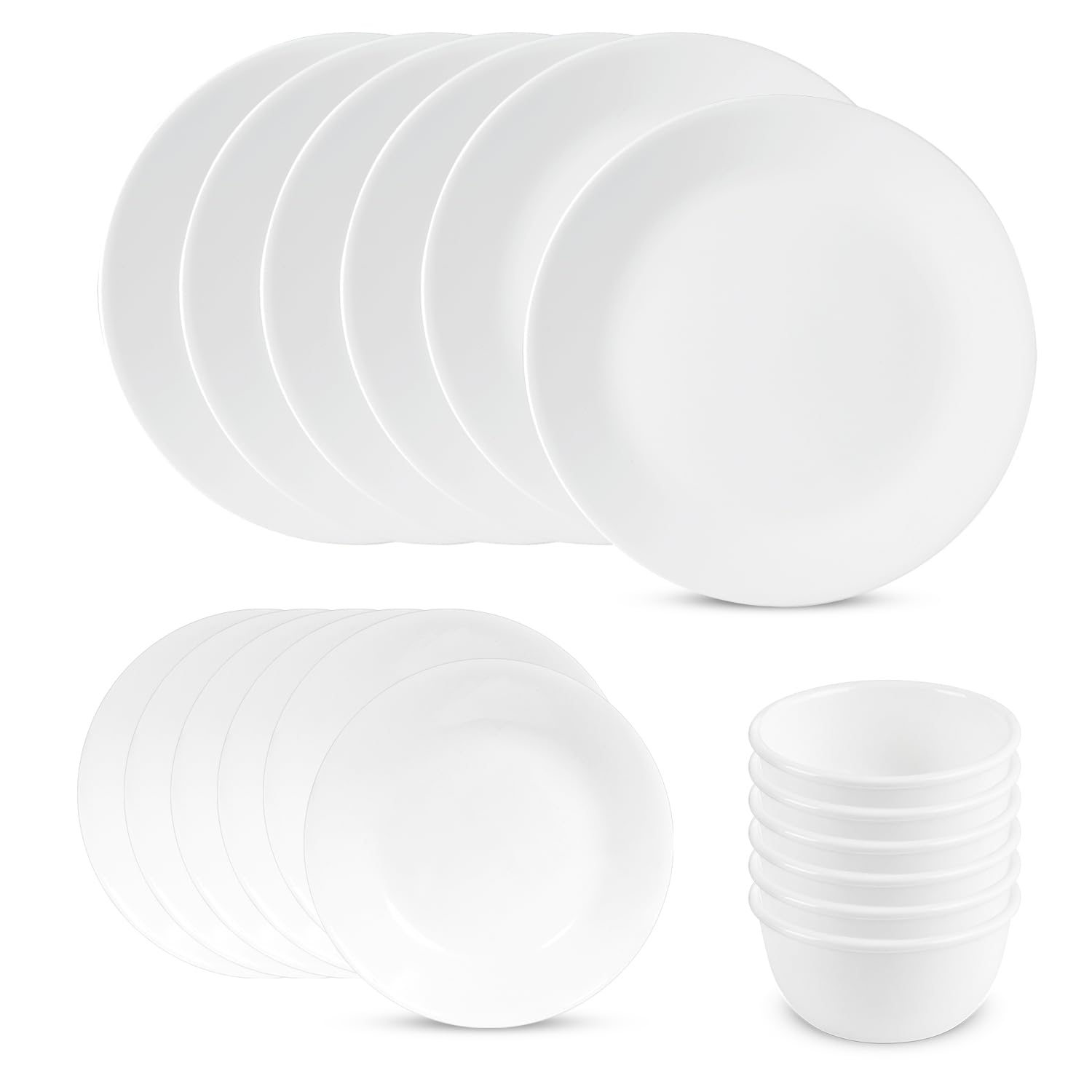 Corelle - Juego de vajilla de 18 Piezas, de Vidrio Vitrelle Resistente a Las roturas y Las desportilladuras, Modelo Winter Frost Blanco, Servicio para 6 Personas.