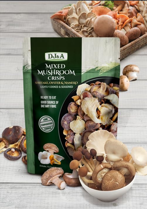 DJ&A Mixed Mushroom Crisps - Shiitake, Oyster & Nameko - All Natural and Ready to Eat Snack - No GMO, No Added MSG, No Artificial Colors, Flavors or Preservatives - 5.3oz/150g