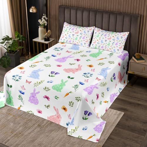 Colorful Rabbits Lightweight Quilt Set for Kids,Butterfly Flowers Bedspread Coverlet,Easter Bed Cover Country Style Bedding Set Decorative Quilted 2 Piece Coverlet Set with 1 Pillow Sham,Twin Size