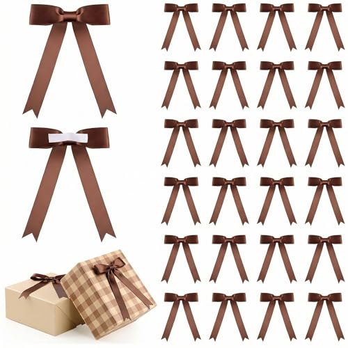 Riceshoot Brown 24 Pcs Satin Ribbon Bows 5x7 Self Adhesive Stick on Premade Satin Bows with Double Sided Tape for Gift Wrapping DIY Crafts Balloons Wedding Bridal Birthday Decor
