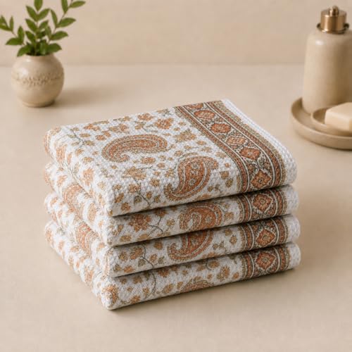 Image of Cotton Rich Printed Waffle Hand Towel | Lightweight | Anti Microbial & Water Absorbent | Soft Touch Quick Drying Towels (Paisley Charm, Pack of 4)