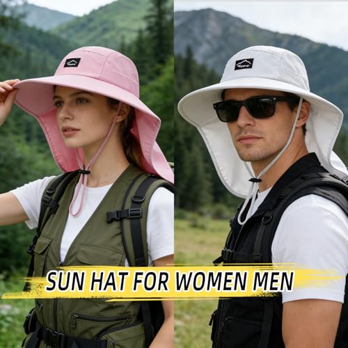 Image of Rosoz Outdoor Sun Hat for Men Women, UPF50+ Protection Safari Cap Wide Brim Mesh Fishing Hat with Neck Flap Beach Garden