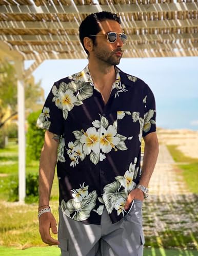 Coofandy Mens Casual Button Down Shirts Hawaiian Floral Shirts Short Sleeve Summer Top Flower-Black thumb #1