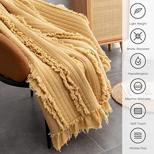 Ultra Soft Pre-Washed Quilted Throw Blanket, Ruffle Fringed Yellow Boho Decorative Throw, Stone Washed Chic Rustic Blanket For Sofa Couch Bed Chair, 50"X 60" #TOP3
