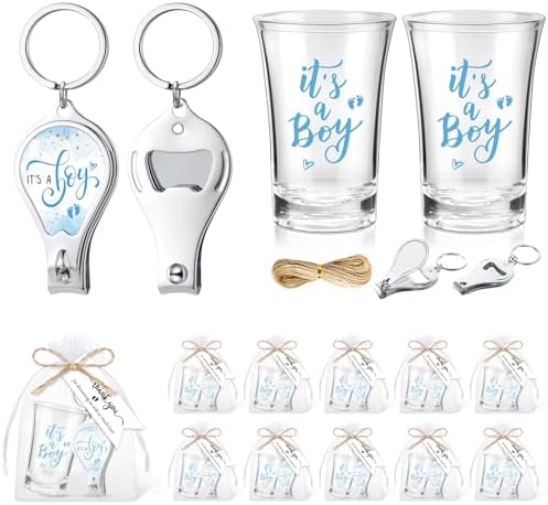 Pickmesh 25 Sets Baby Shower Party Favor It's a Boy Keychain with Nail Clipper Bottle Opener Shot Glasses Thank You Gifts for Gender Reveal Decorations Party Supplies (Blue)