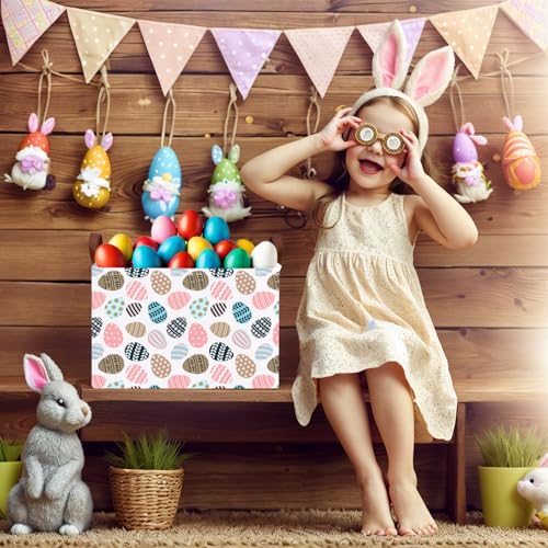 Image of Large Cute Easter Basket for Kid Empty Gift Baby Rectangle Storage Bin Bunny Eggs Boy&Girl Room Decor (Retro Art Easter Egg)