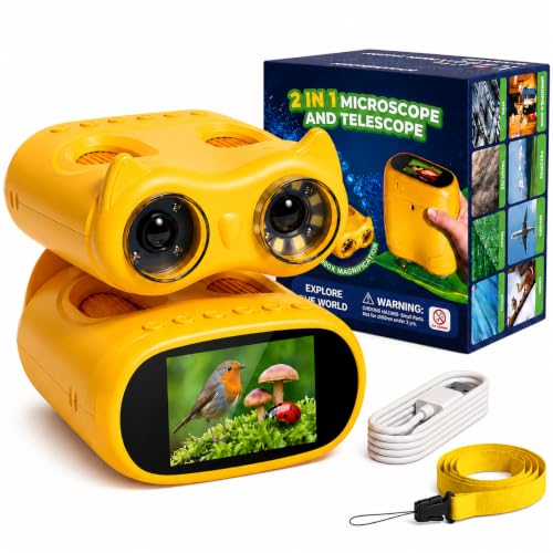 OAEBLLE Microscopio para Niños 2 en 1 con Prismáticos, Pantalla IPS HD de 2,0', Aumento 1000x, 8 Luces LED, Resolución 1080P, Juguete de Naturaleza para Niños y Niñas +3 Años, Amarillo