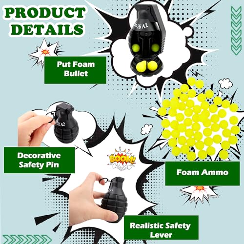 Octaday 7 Pcs Tactical Toy Hand Grenade with 100 Foam Ammo Fall Resistant Refillable Fun Impact Pull Ring Grenade Toys for Battle Game 14 Years Old and up Outdoor Sport - Thumbnail 3