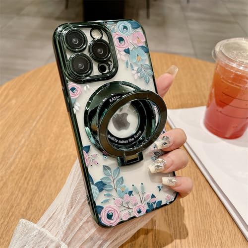 Coque iPhone 14 Pro Max fleur rose et vert avec anneau pour le quotidien